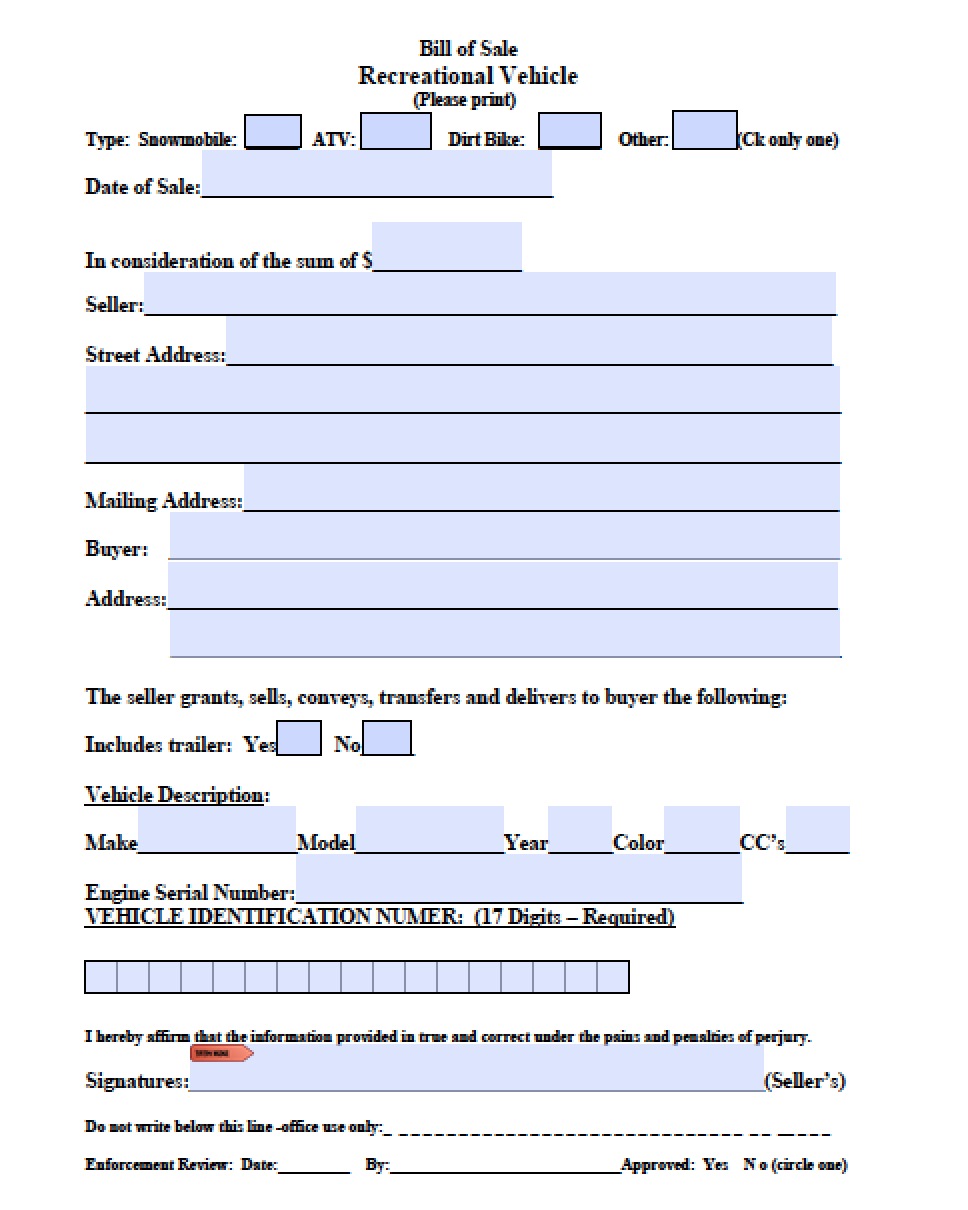 free massachusetts atvsnowmobilebike bill of sale form pdf word