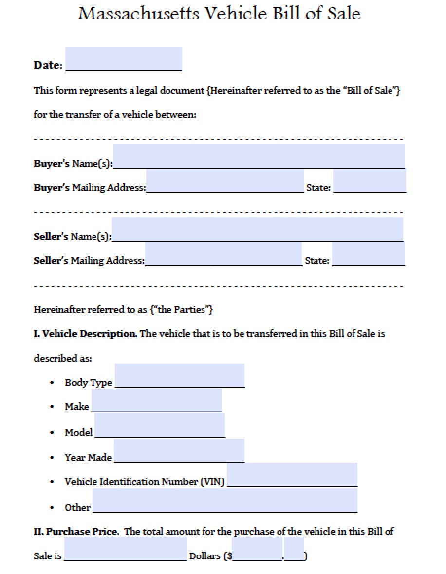 free massdot rmv registry of motor vehicles auto bill of sale form