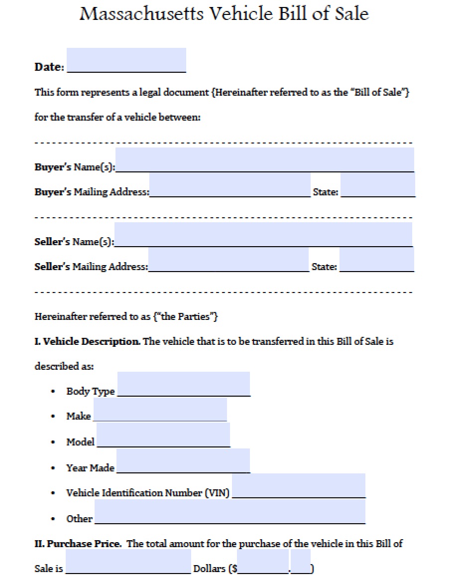 Free MassDOT RMV Registry Of Motor Vehicles Auto Bill Of Sale Form 