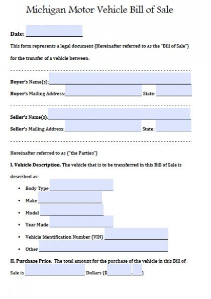 Michigan Motor Vehicle Bill of Sale