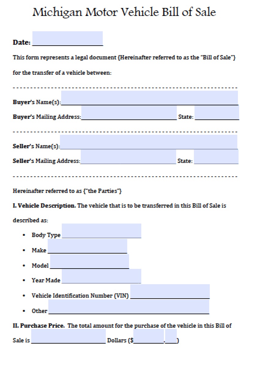 free michigan motor vehicle bill of sale form pdf word doc