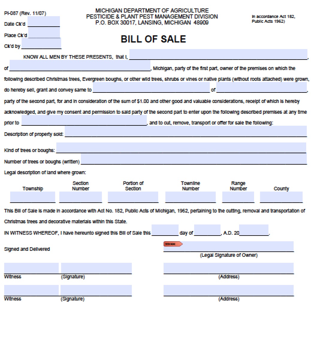 Free Michigan Plant Bill of Sale PI087 Form PDF Word (.doc)