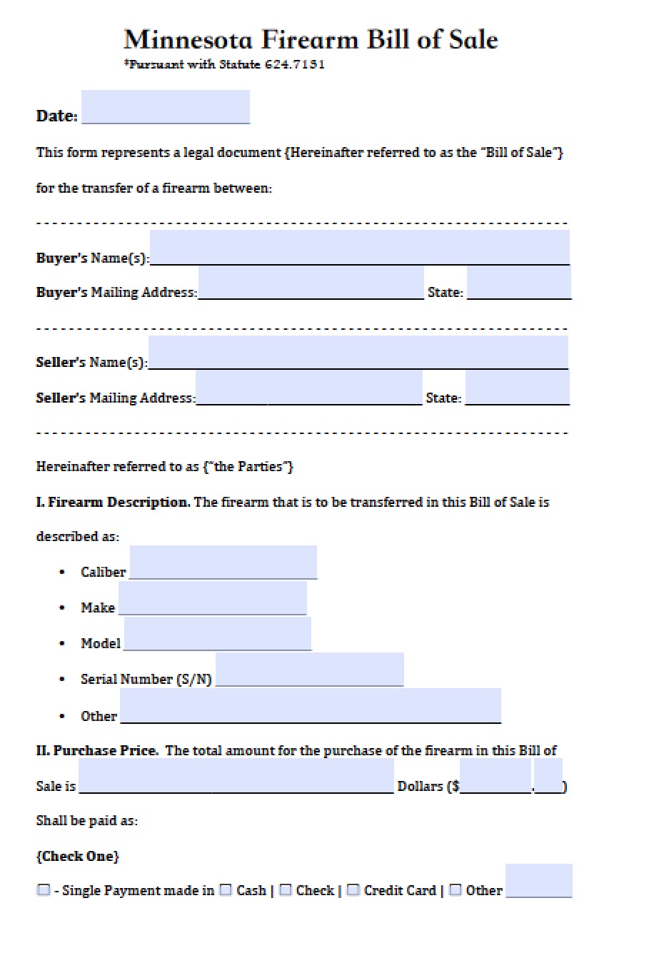 free minnesota firearmgun bill of sale form pdf word doc