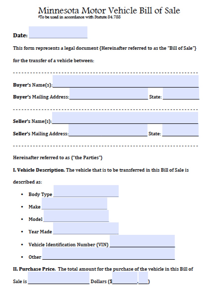 Free Printable Bill Of Sale For Car Minnesota