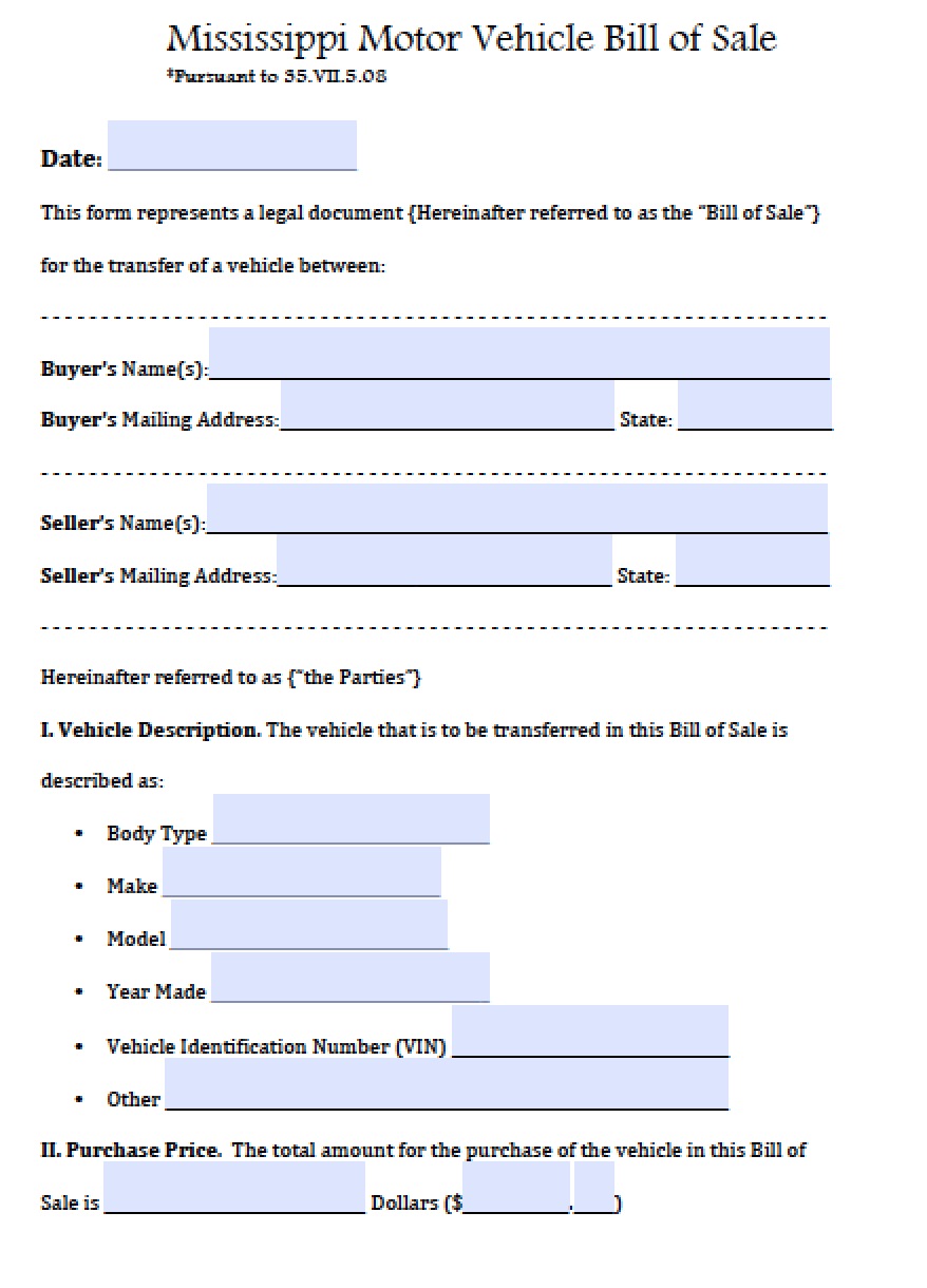 Free Mississippi Motor Vehicle Bill Of Sale Form Pdf Word Doc