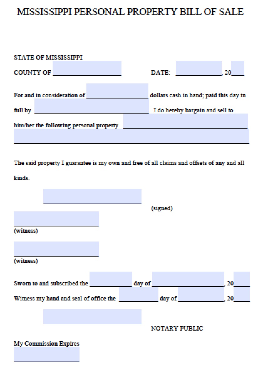 Free Mississippi Personal Property Bill of Sale Form PDF Word ( doc)