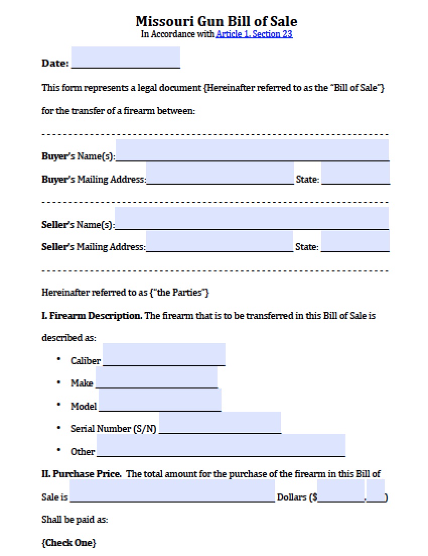 Free Missouri Firearm Gun Bill Of Sale Form Pdf Word Doc