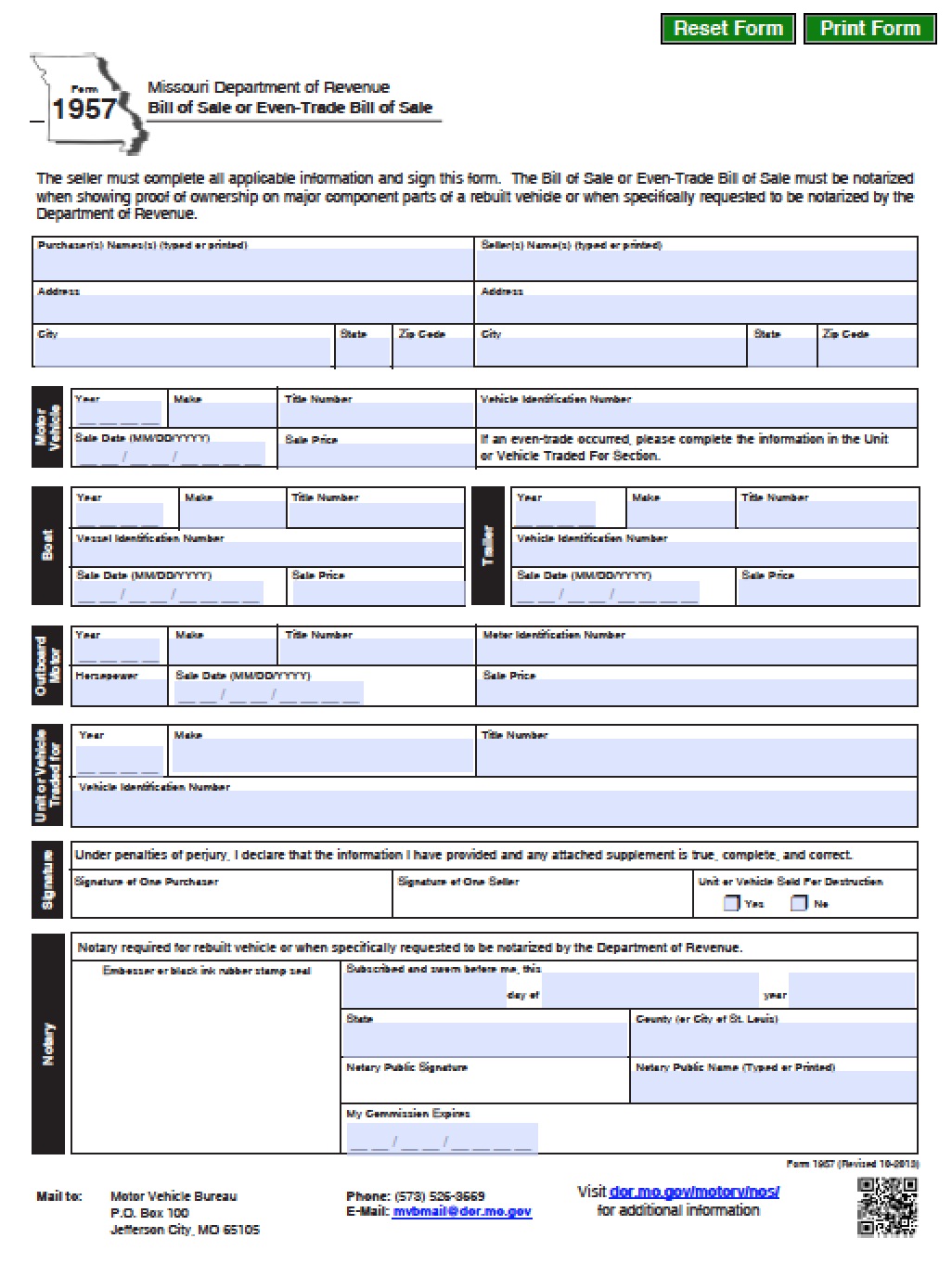 free missouri dmv vehicleboat bill of sale form pdf