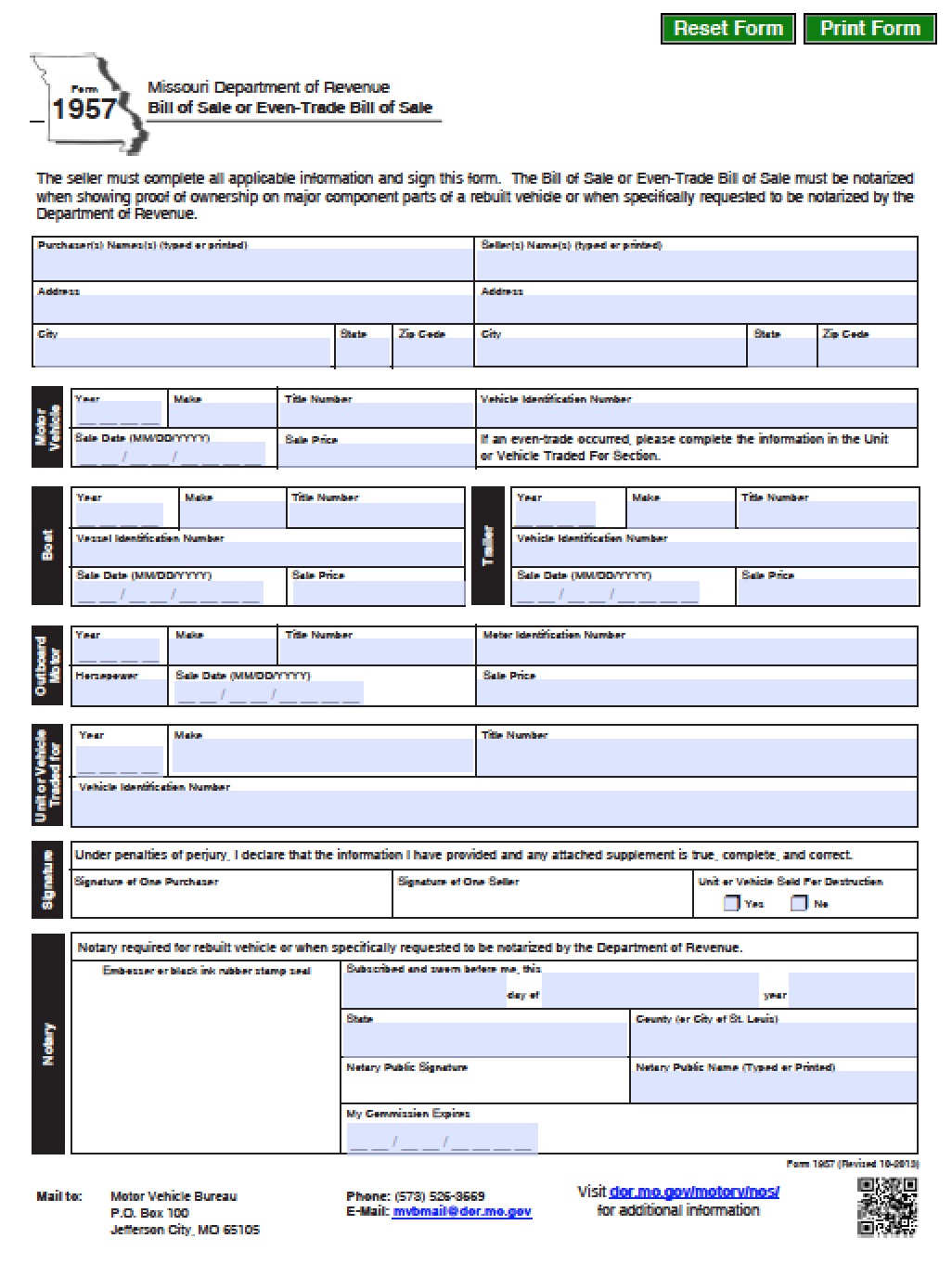 Free Missouri DMV Vehicle Boat Bill Of Sale Form PDF Word doc 