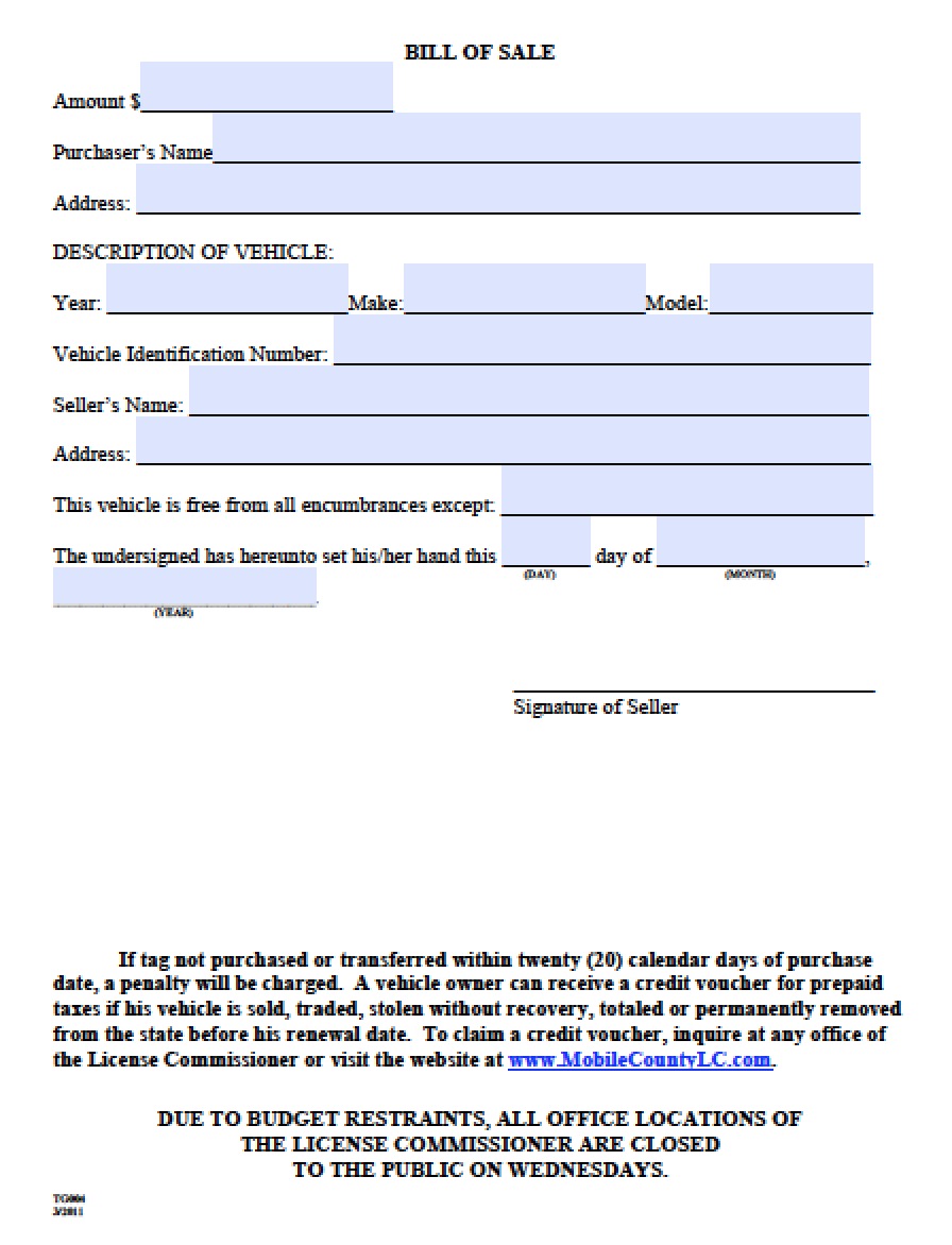 free mobile county alabama bill of sale form pdf word