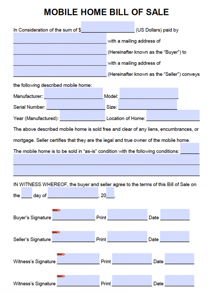 Free Manufactured (Mobile) Home Bill of Sale Form PDF Word (.doc)