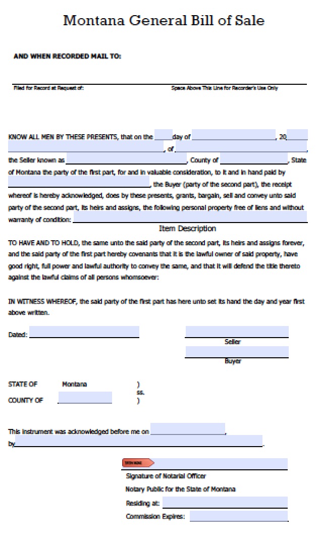 Free Printable Bill Of Sale Montana