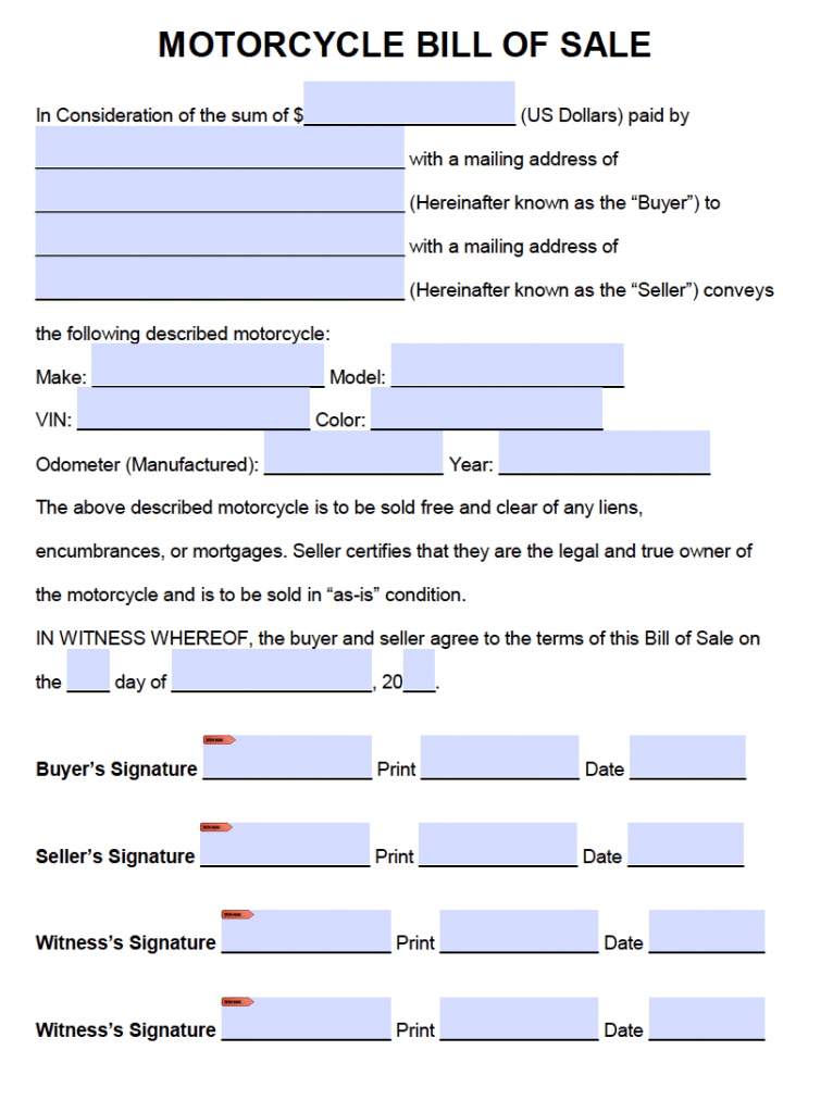 Free Motorcycle Bill Of Sale Form Pdf Word Doc 6992