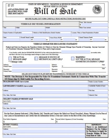 bill mexico mvd vehicle bmv boat nm form lien holder pdf word downloads billofsale buyer