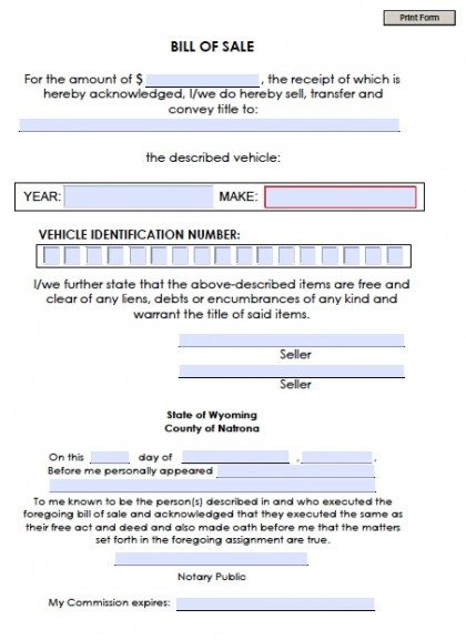 Free Natrona County, Wyoming Bill of Sale Form | PDF | Word (.doc)