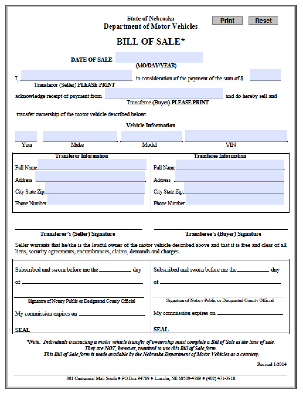 Free Nebraska DMV (Vehicle) Bill of Sale Form PDF Word (.doc)