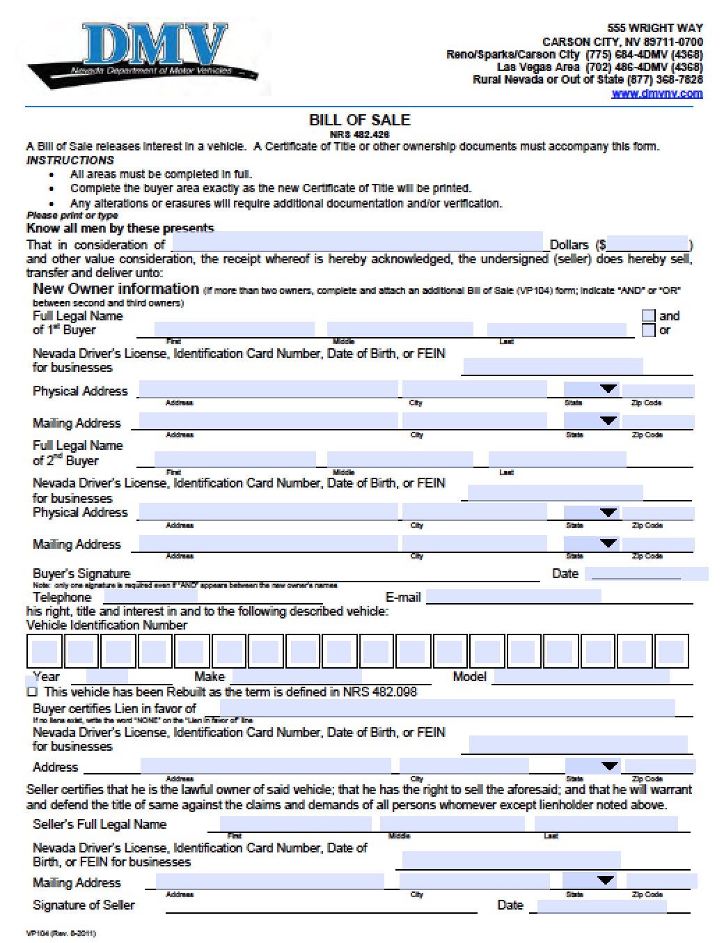 nevada bill of sale odometer disclosure form vp104