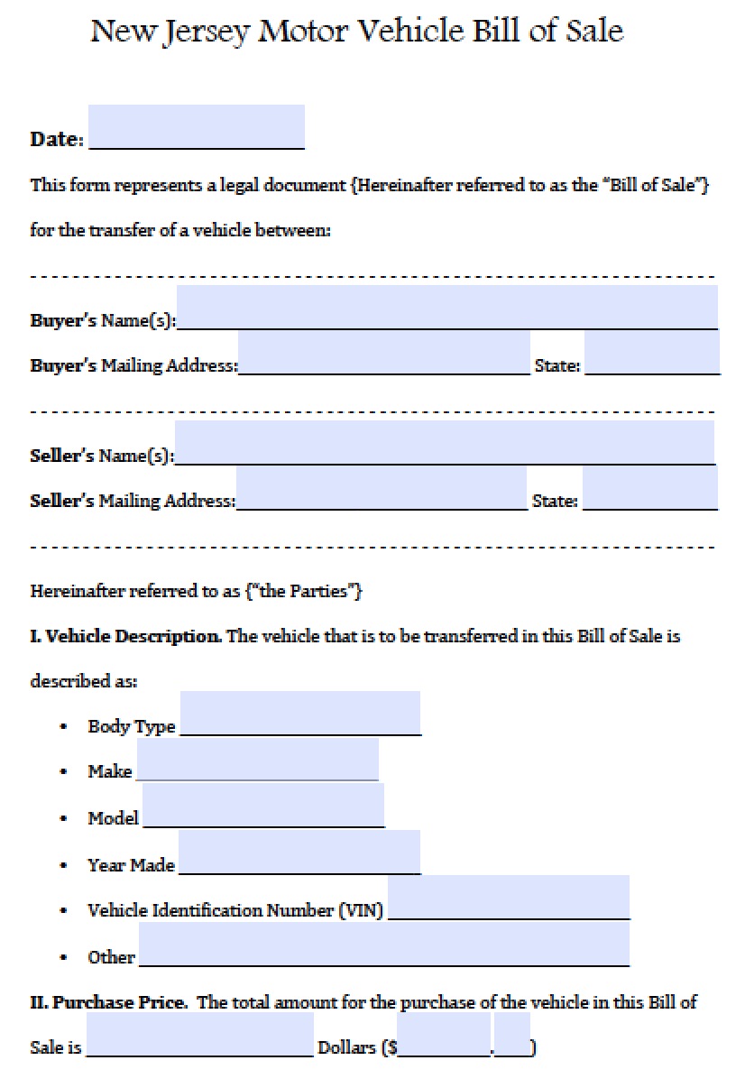 bill of sale for a car nj free template