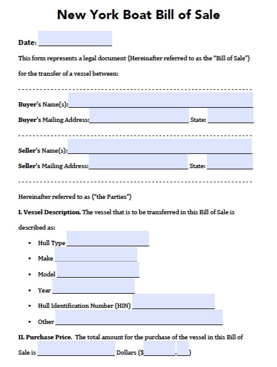 Free New York Boat Bill of Sale Form PDF Word (.doc)