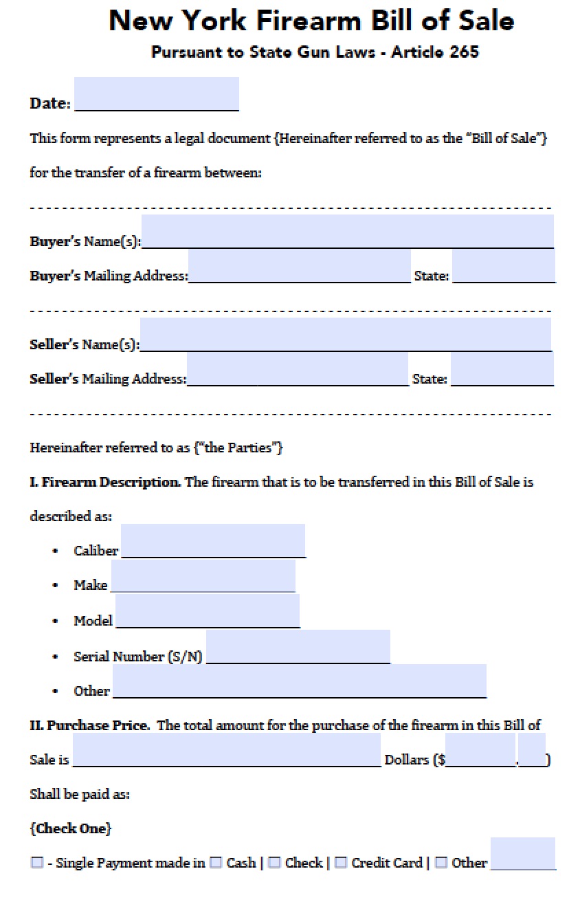 Free New York Firearm/Gun Bill of Sale Form  PDF  Word 