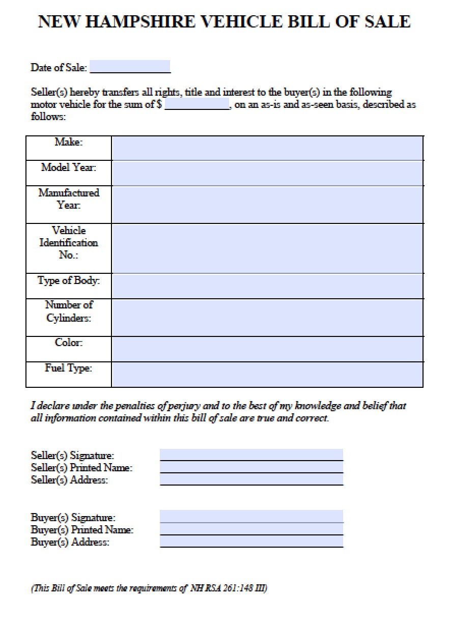 free new hampshire carvehicle bill of sale form pdf word doc