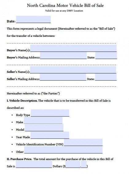 Free North Carolina DMV (Vehicle) Bill of Sale Form  PDF 