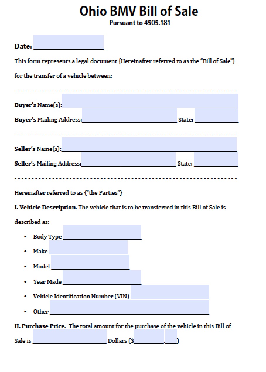 Free Ohio BMV (Vehicle) Bill of Sale Form PDF Word (.doc)