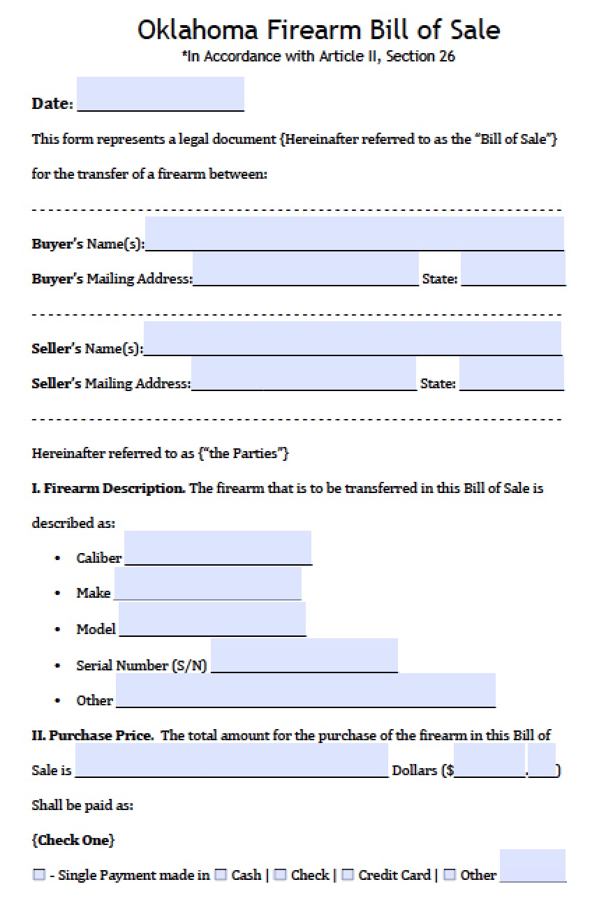 Free Oklahoma Firearm/Gun Bill of Sale Form PDF Word ...