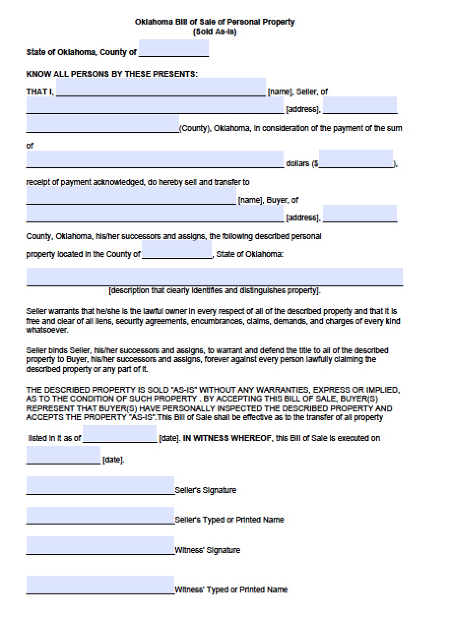 Free Oklahoma Personal Property Bill of Sale Form PDF Word ( doc)