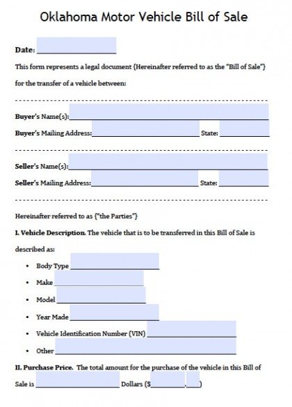 Oklahoma Motor Vehicle Bill of Sale Form