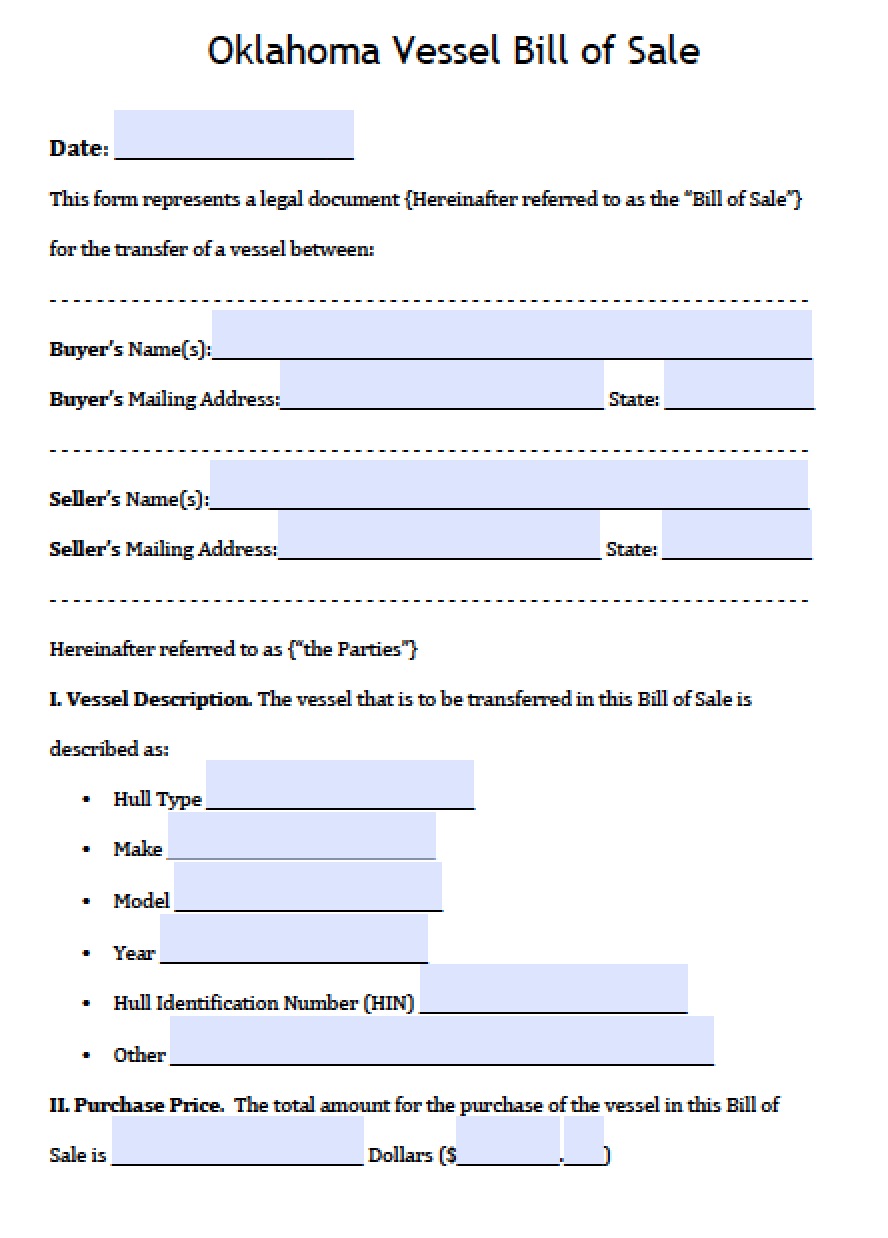 Free Oklahoma Boat Bill of Sale Form PDF Word (.doc)