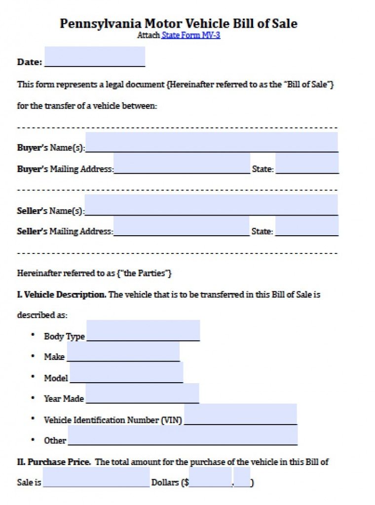 Free Pennsylvania Motor Vehicle Bill of Sale Form  PDF 