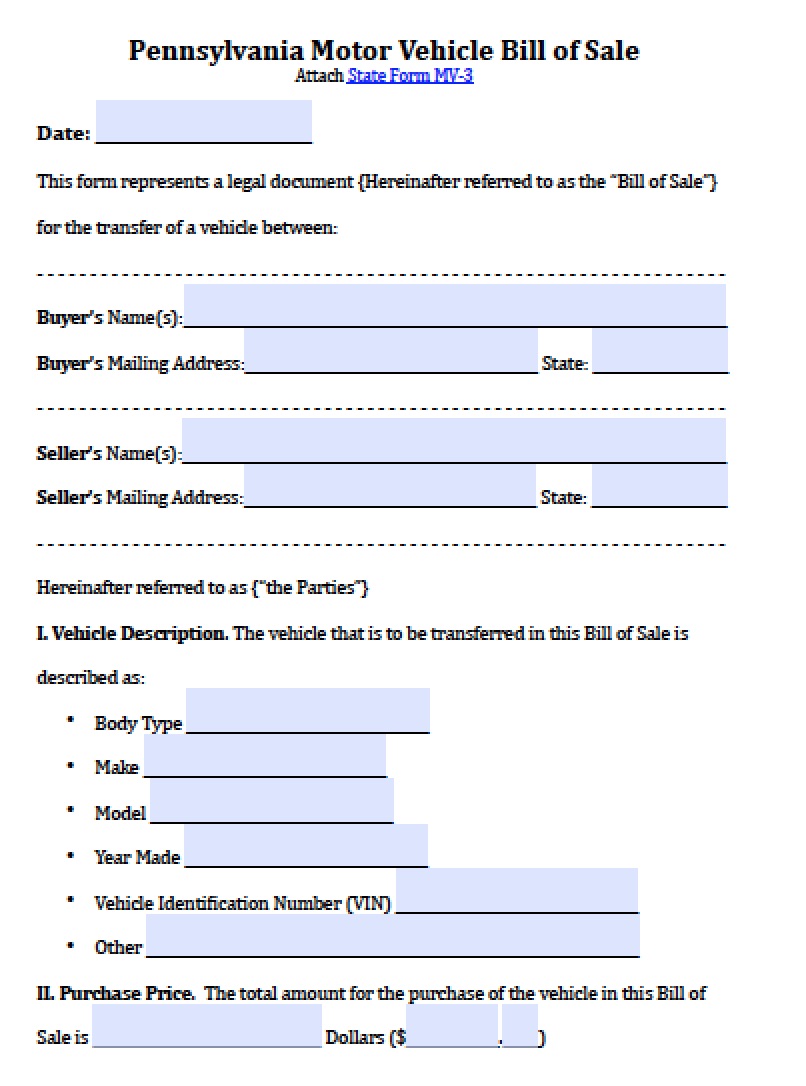 free pennsylvania motor vehicle bill of sale form pdf word doc