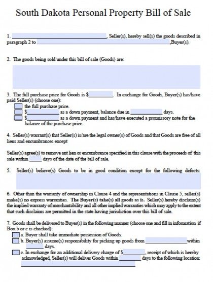 South Dakota Personal Property Bill of Sale