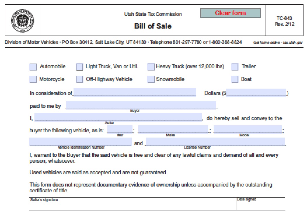 Free Utah Motor Boat/Vehicle Bill of Sale TC843 Form PDF Word (.doc)