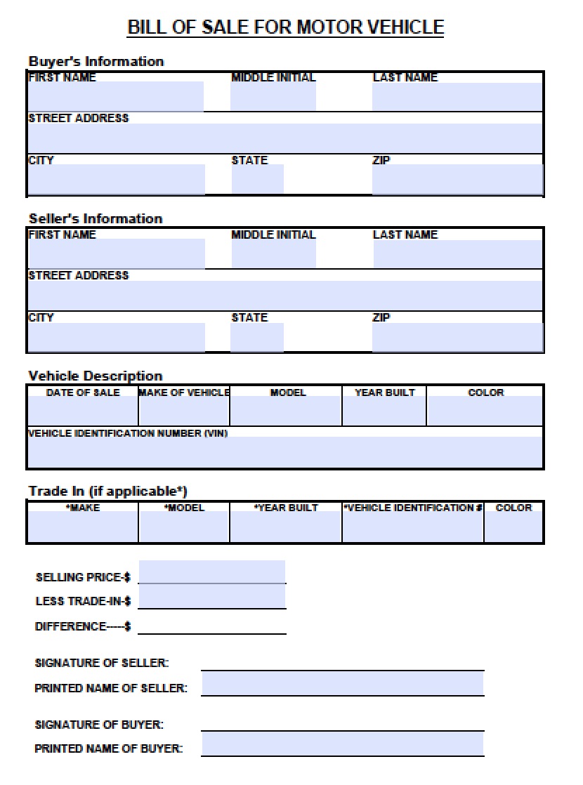 Free Tennessee Motor Vehicle Bill of Sale Form PDF Word (.doc)
