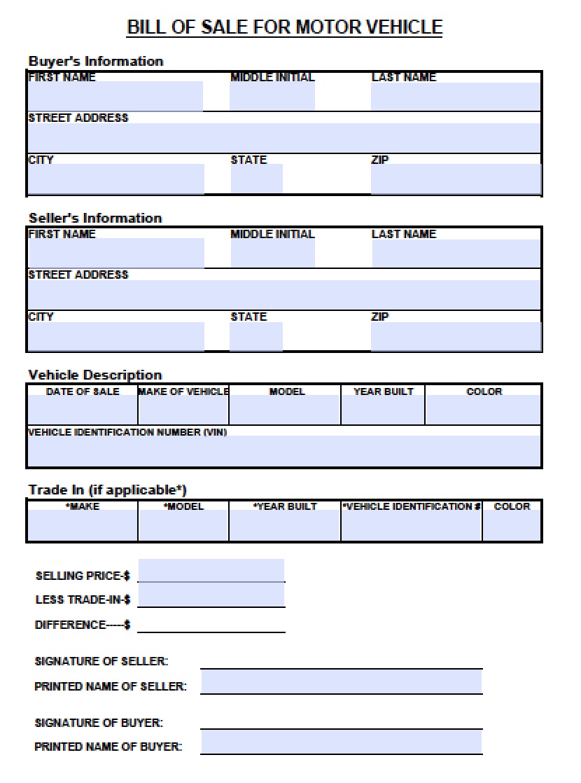 Printable Vehicle Bill Of Sale Tn 6771