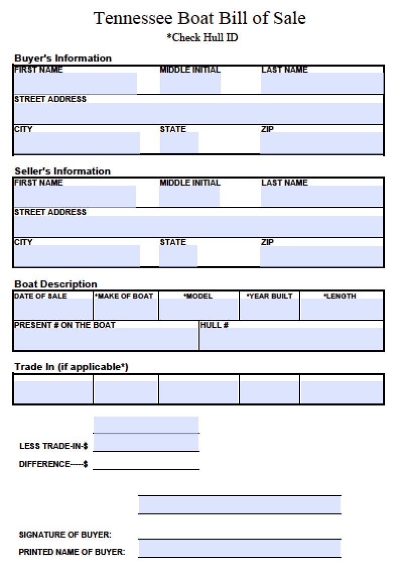 Free Tennessee Boat Bill of Sale Form PDF Word (.doc)