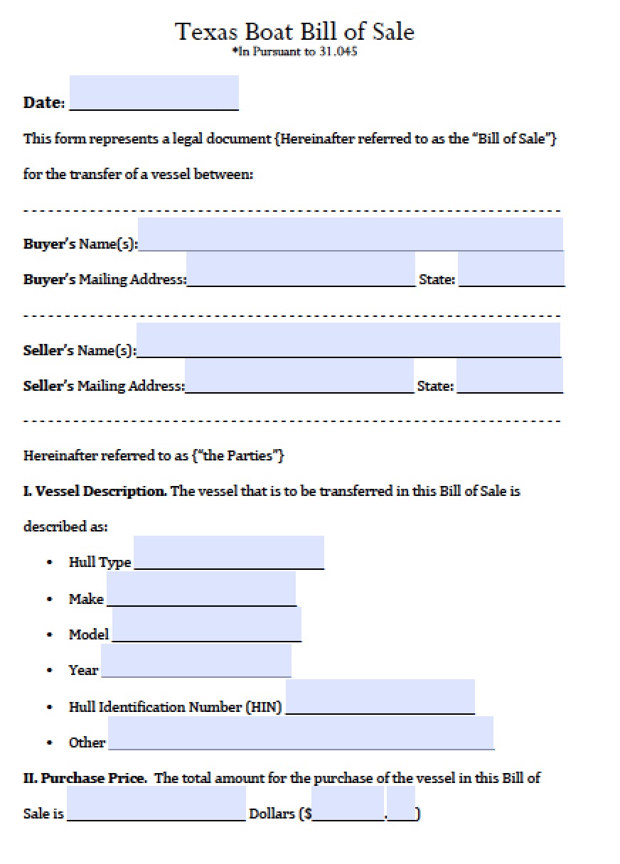 Free Texas Boat Bill of Sale Form PDF Word (.doc)