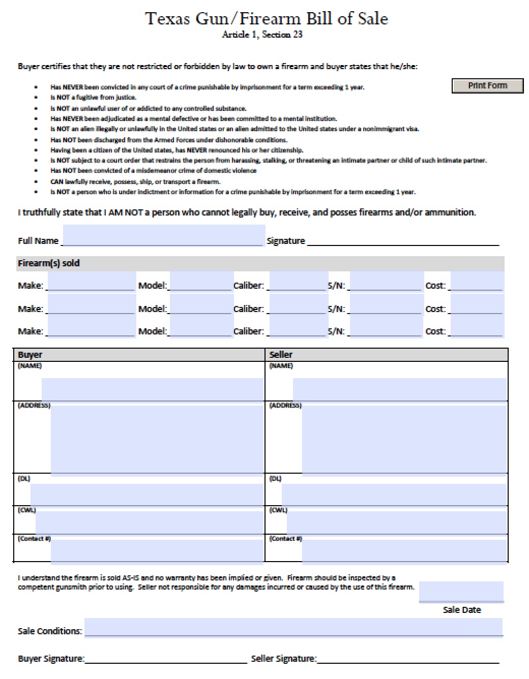 Free Texas Gunfirearm Bill Of Sale Form Pdf Word Doc 2382