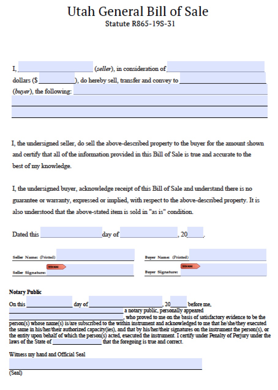 Free Utah General Blank Bill of Sale Form PDF Word ( doc)