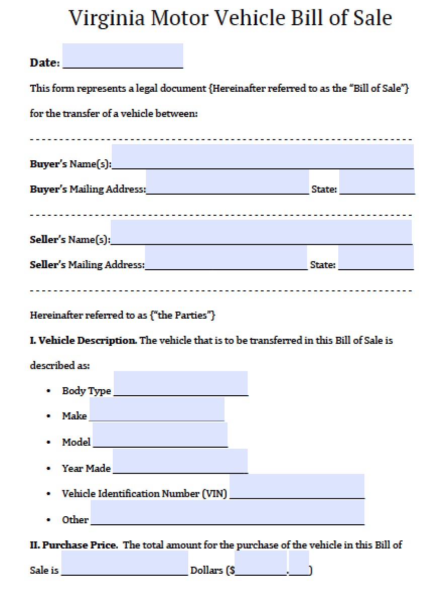 Free Virginia Motor Vehicle Bill Of Sale Form Pdf Word Eforms My Xxx Hot Girl 8309