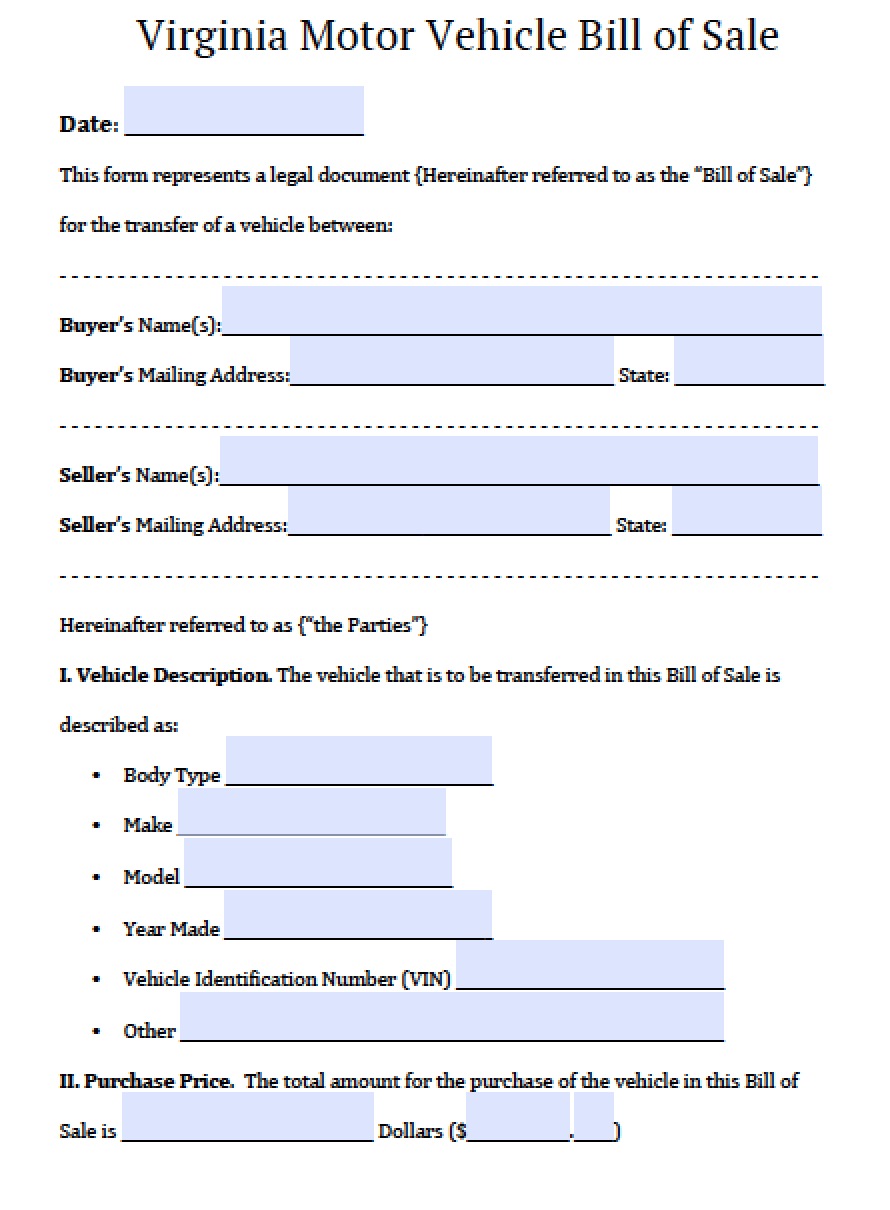 Vehicle Bill Of Sale Virginia Template
