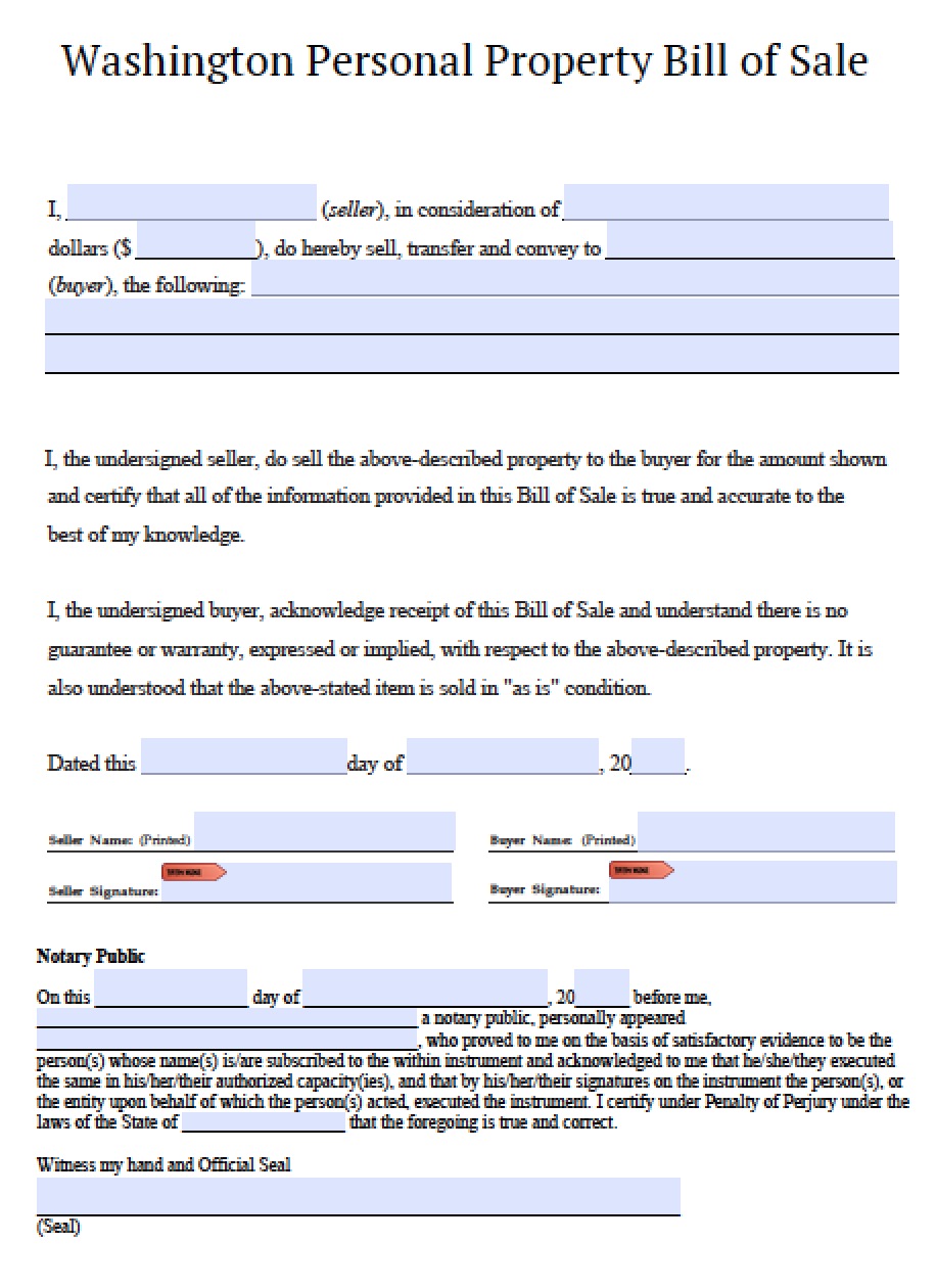 Free Washington Personal Property Bill of Sale Form PDF Word ( doc)