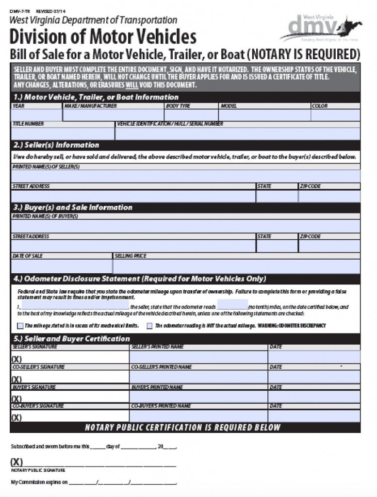 Free West Virginia Vehiclevesseltrailer Bill Of Sale Dmv 7 Tr Form Pdf Word Doc 2224