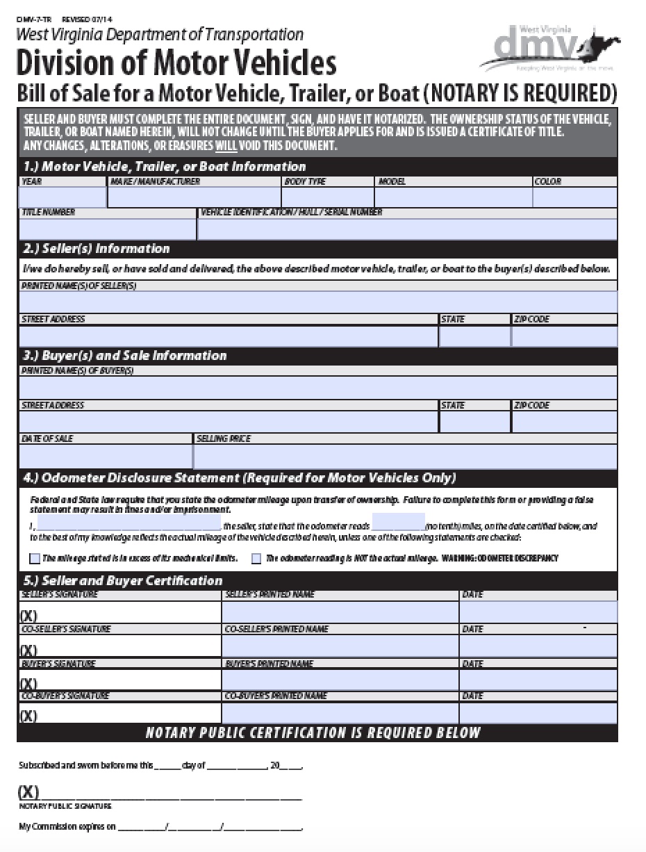 Free West Virginia Vehicle/Vessel/Trailer Bill of Sale DMV7TR Form