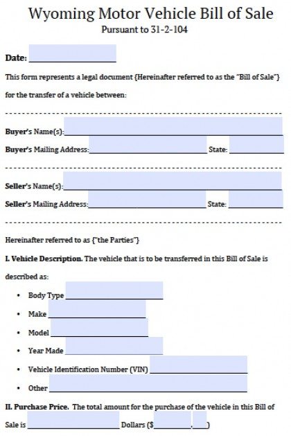 Wyoming Motor Vehicle Bill of Sale